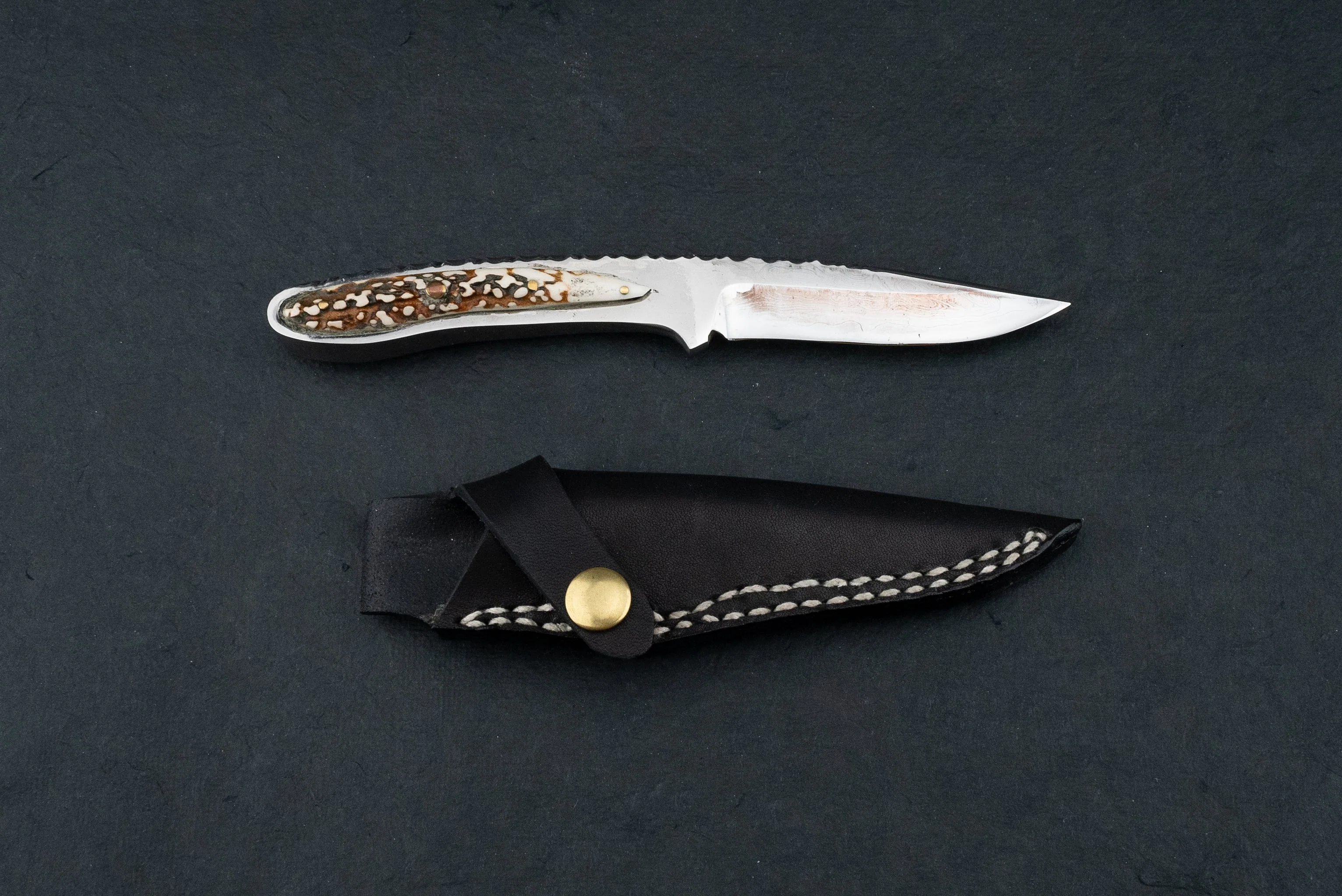 Ken Kageura Aogami Damascus with Antler Handle and Jimping Hunting Knife 85mm